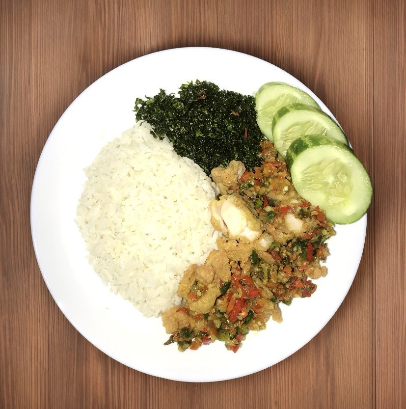 Ayam Geprek with rice and vegetables