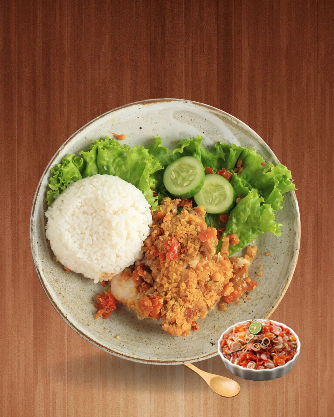 Ayam Geprek with rice and vegetables